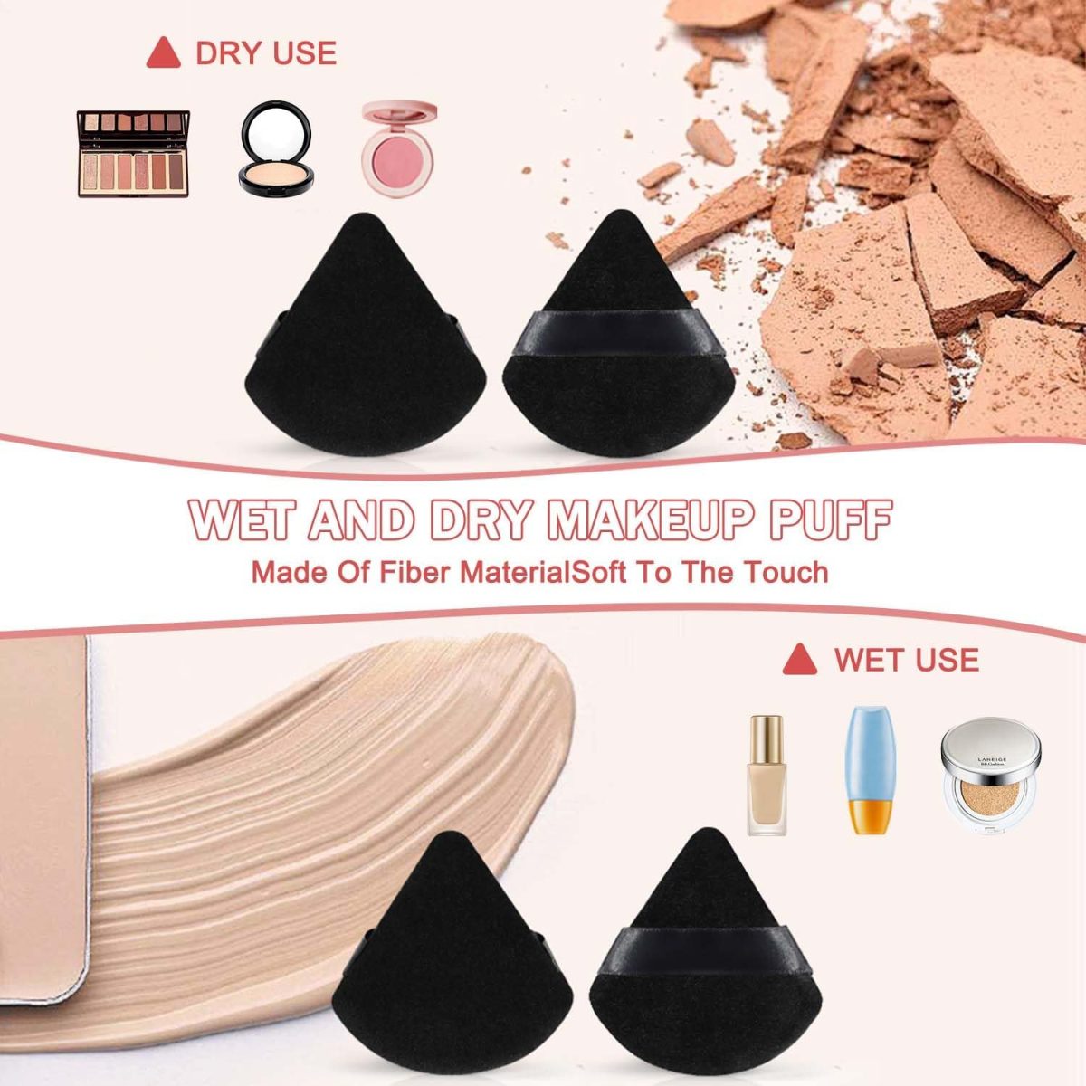 INOVERA (LABEL) 3 Pieces Powder Puff Face Makeup Sponge - Loose Foundation Blending Sponges Set - Triangle Shape Beauty Blender Tool for Wet & Dry Powders (Black) - Image 3