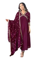 Naixa Women's Vichitra Silk Embroidered A-Line Kurta with Pant and Dupatta Sets (NK-442)