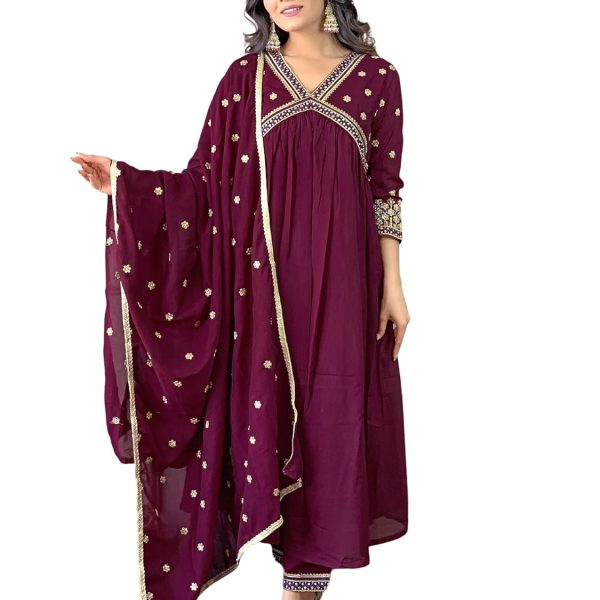 Naixa Women's Vichitra Silk Embroidered A-Line Kurta with Pant and Dupatta Sets (NK-442)