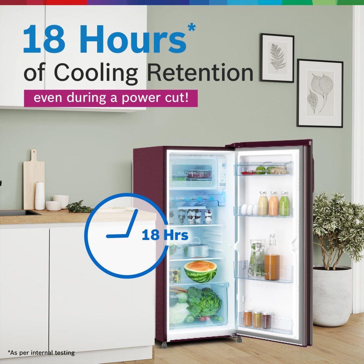 Bosch 187 L, 3 Star, Single Door Refrigerator with Industry's largest vegetable box* & largest Beverage space (CST18W33NI, Feather Wine) | 18 Hour Cooling Retention, 2.5x Faster Cooling - Image 4