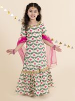 Pspeaches Girls Off White Floral Yoke Design Empire Pure Cotton Kurti With Skirt With Dupatta (White)
