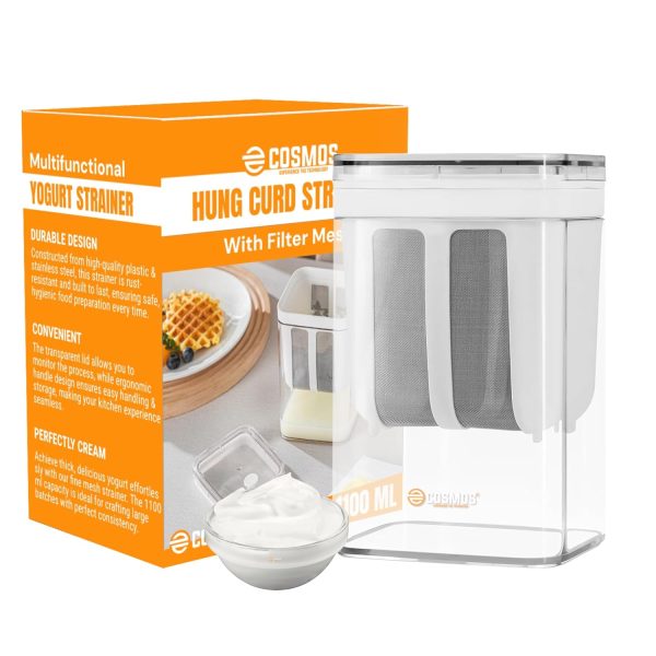 E-COSMOS Plastic Multipurpose Greek Yogurt & Curd Maker Hung Curd - 1100ml | Durable, BPA-Free | Easy Homemade Yogurt & Cheese (Yogurt Maker), 10L x 8W x 16H cm, Multi-Coloured