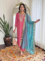 Naixa Women's Viscose Silk Embroidered Straight Kurta with Pant and Dupatta Sets (Available in Plus Size) (NX-657) - Image 2