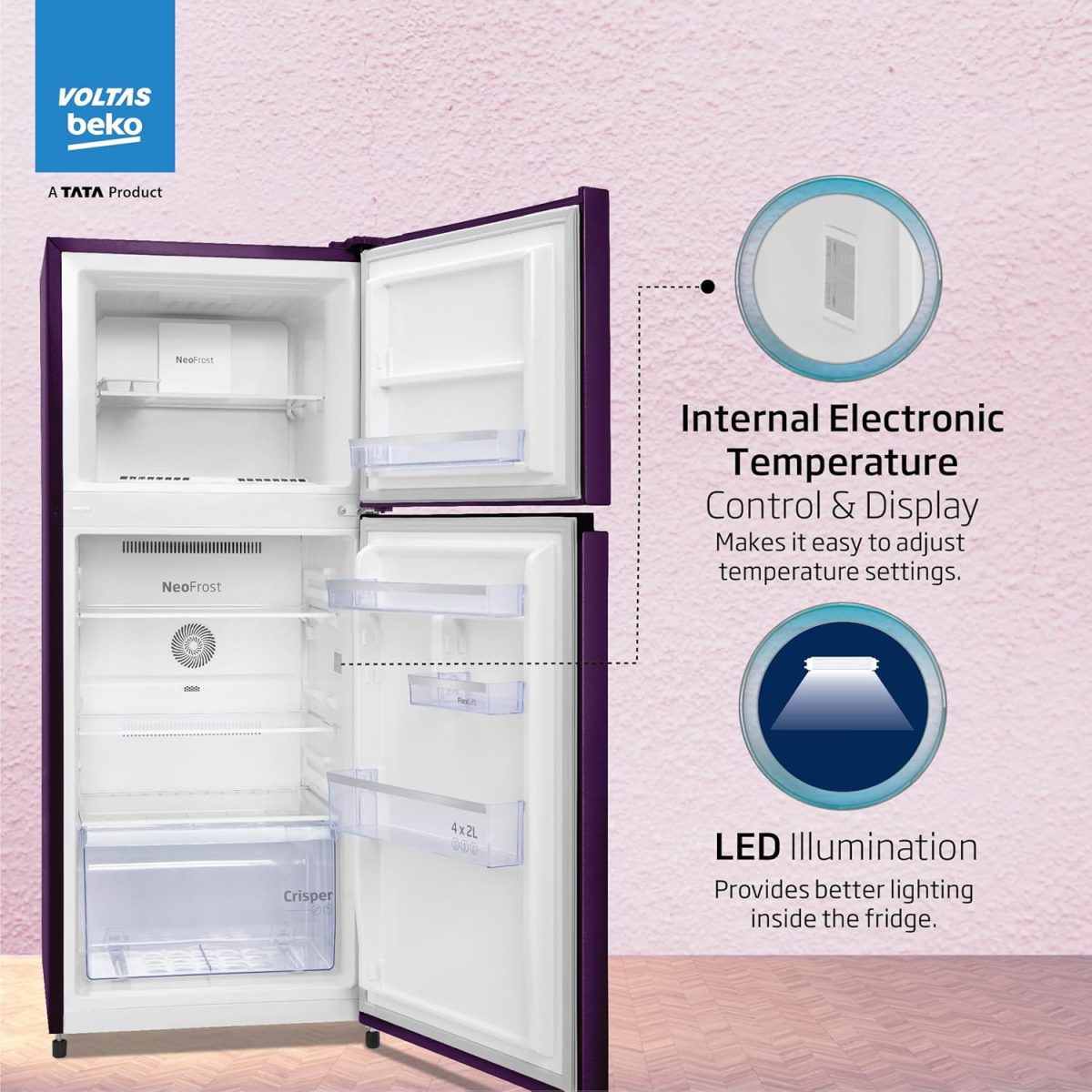 Voltas Beko ‘A TATA Product’ 228 L 2 star Frost free Refrigerator with two separate cooling system (RFF265D/W0NPR0I0000GO, Nightangel Purple) - Image 7
