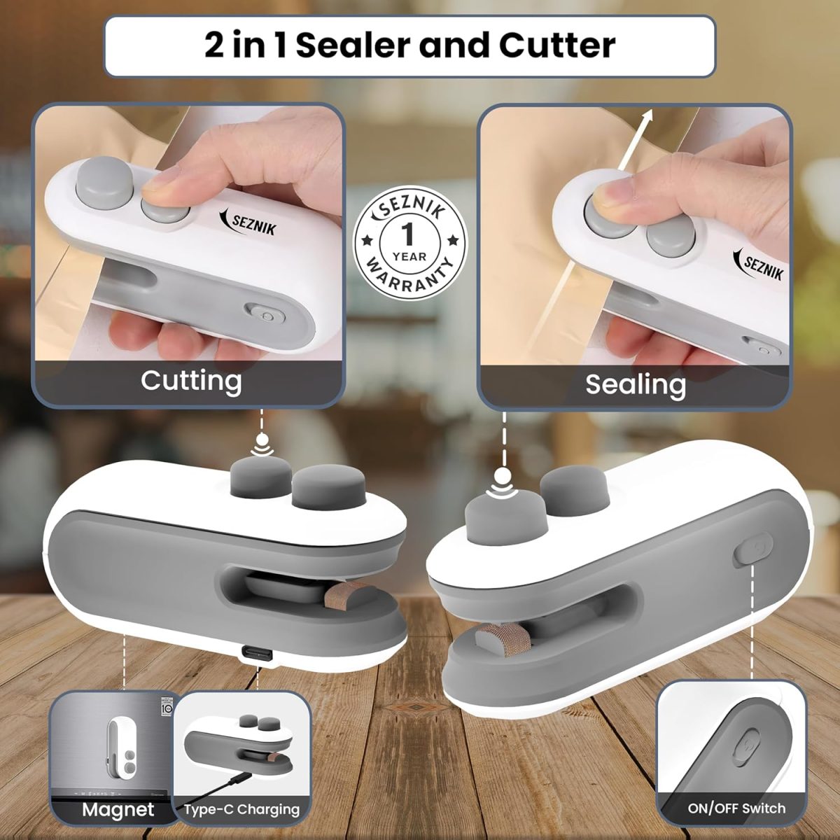 Seznik Sealing Machine for Food Packets - Portable Handheld Sealing for Food Packets, Snacks, Chips, Fresh Storage - Mini Sealing Machine, 1 YEAR Warranty (White) - Image 3