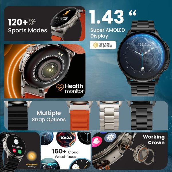 Boult Newly Launched Crown R Pro Smart Watch 1.43''HD AMOLED, BT Calling, Working Crown, Zinc Alloy Frame, 600 Nits Brightness, AI Voice Assistant, SpO2 Monitoring, 120+ Sports Mode (Metal Black)
