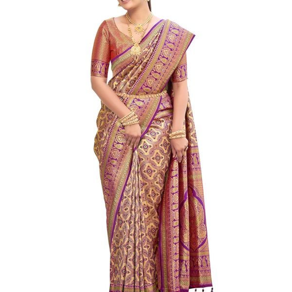 MANOHARI Women's Trendy Banarasi Woven Saree with Heavy Jacquard Work, Elegant Design, Silk Saree with Maching Lace Border Unstitched Blouse Piece for Weddings & Festive Occasions