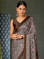AKHILAM Women's Brown Digital Print Satin Crepe Saree With Unstitched Blouse Piece - Image 4