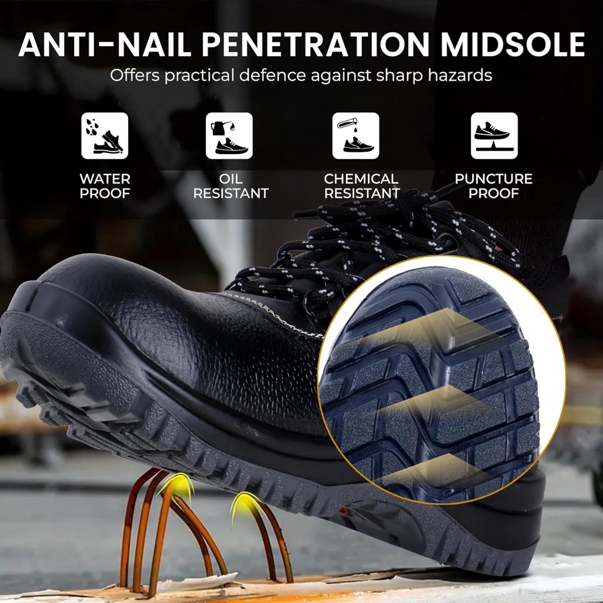 Robustt Double Density High Ankle Steel Toe Safety Shoes (UK-8) for Industrial Work | Waterproof Leather Material | Puncture Proof | Anti- Skid - Image 3