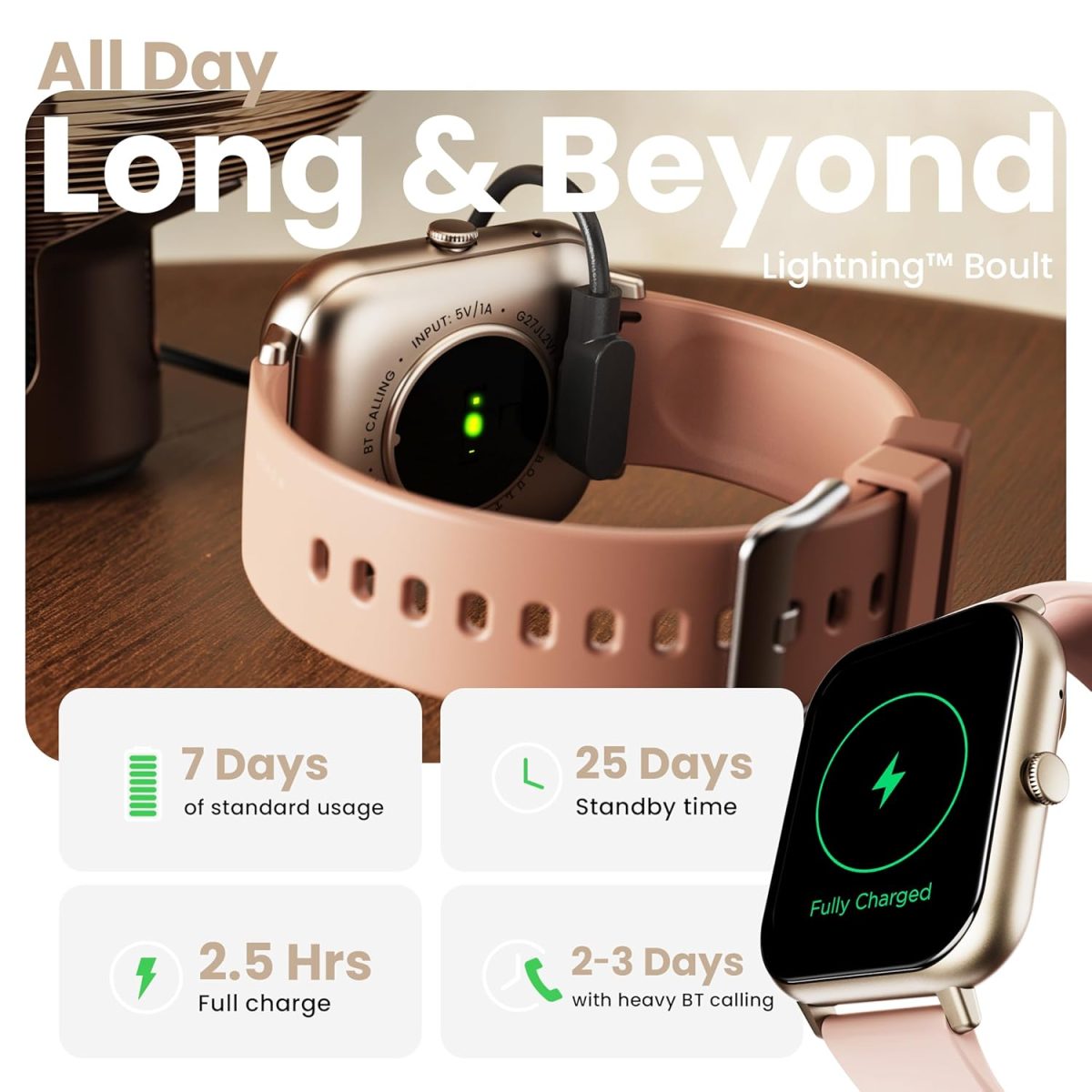 Boult Drift+ Smart Watch 1.85''HD Screen, Bluetooth Calling, IP68, 500 Nits Brightness,150+ Watchfaces, AI Voice Assistant, SpO2 Monitoring, 100+ Sports Mode Smartwatch (Peach Fuzz) - Image 7