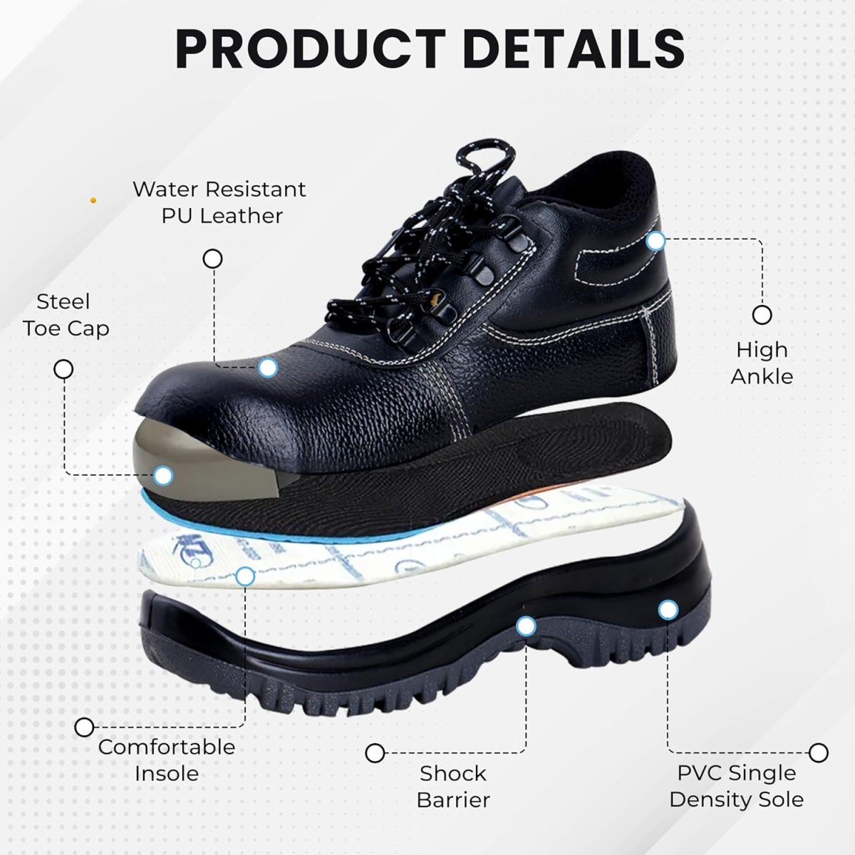 Robustt Double Density High Ankle Steel Toe Safety Shoes (UK-8) for Industrial Work | Waterproof Leather Material | Puncture Proof | Anti- Skid - Image 4