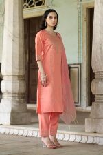 VredeVogel Women's Viscose Rayon Embroidered Kurta with Pant & Chanderi Silk Dupatta Set - Image 3