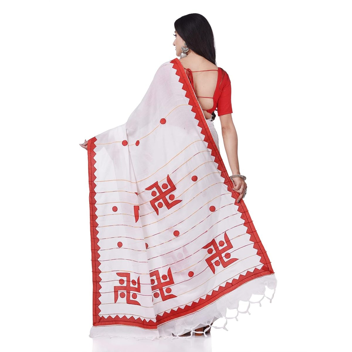dB DESH BIDESH Women`s Bengali Khesh Pure Cotton Handloom Saree Swastik Designed With Blouse Piece - Image 2