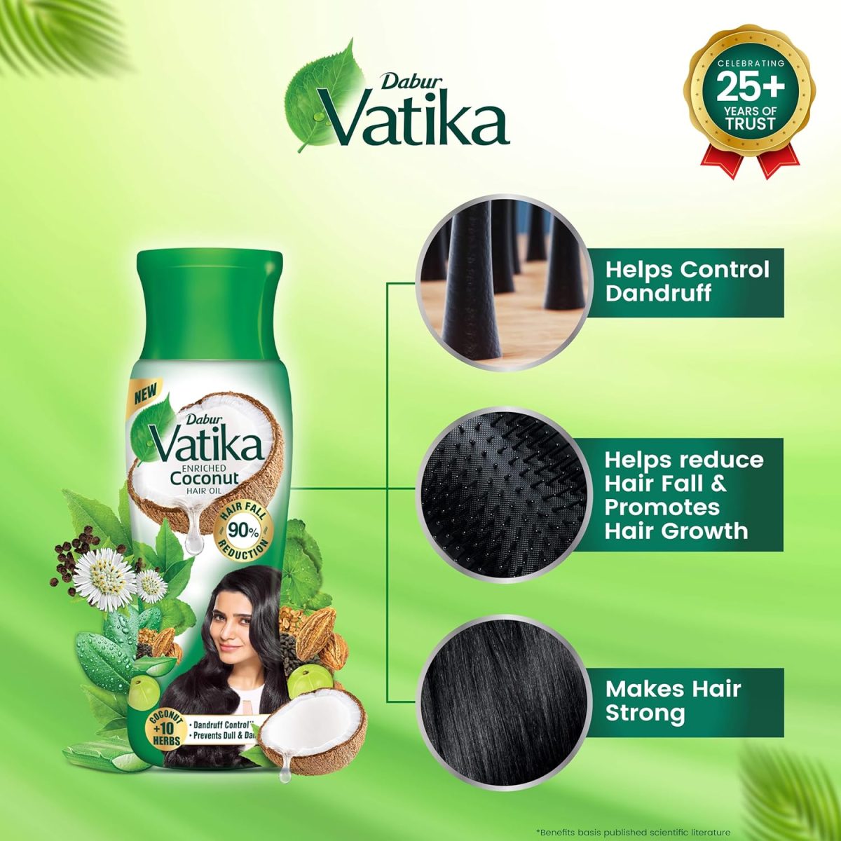 DABUR Vatika Enriched Coconut Hair Oil | Power of Coconut + 10 herbs | 50% hairfall reduction - 300ml, Yellow - Image 4