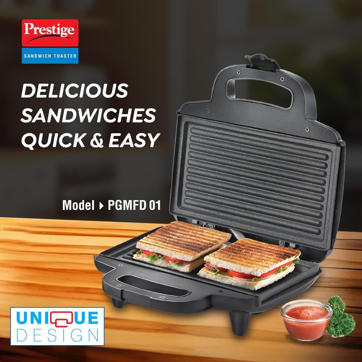 Prestige 800W Sandwich Maker (PGMFD 01)| Black | Heat Resistant Bakelite Body |Non-Stick Coating | Power Indicators | Oil Free Toasting - Image 2