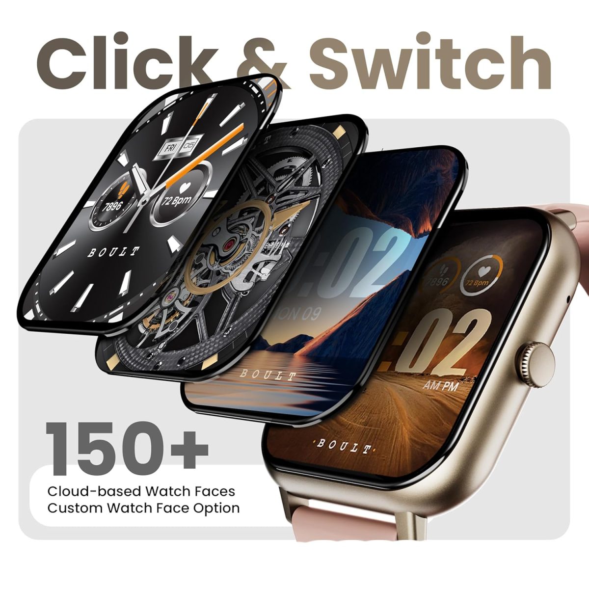 Boult Drift+ Smart Watch 1.85''HD Screen, Bluetooth Calling, IP68, 500 Nits Brightness,150+ Watchfaces, AI Voice Assistant, SpO2 Monitoring, 100+ Sports Mode Smartwatch (Peach Fuzz) - Image 5