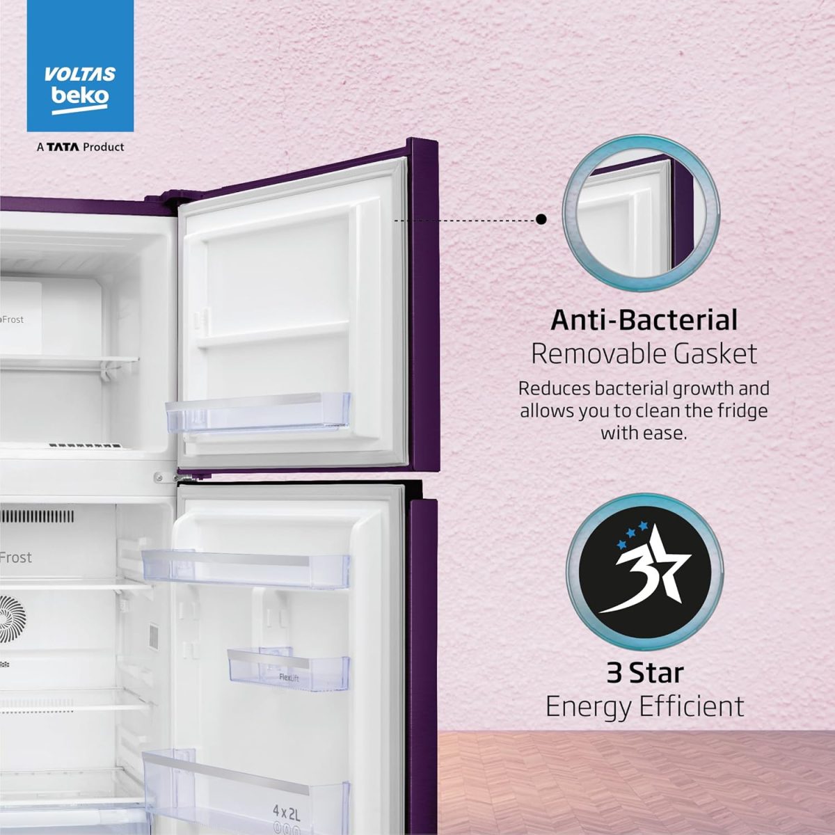 Voltas Beko ‘A TATA Product’ 228 L 2 star Frost free Refrigerator with two separate cooling system (RFF265D/W0NPR0I0000GO, Nightangel Purple) - Image 8