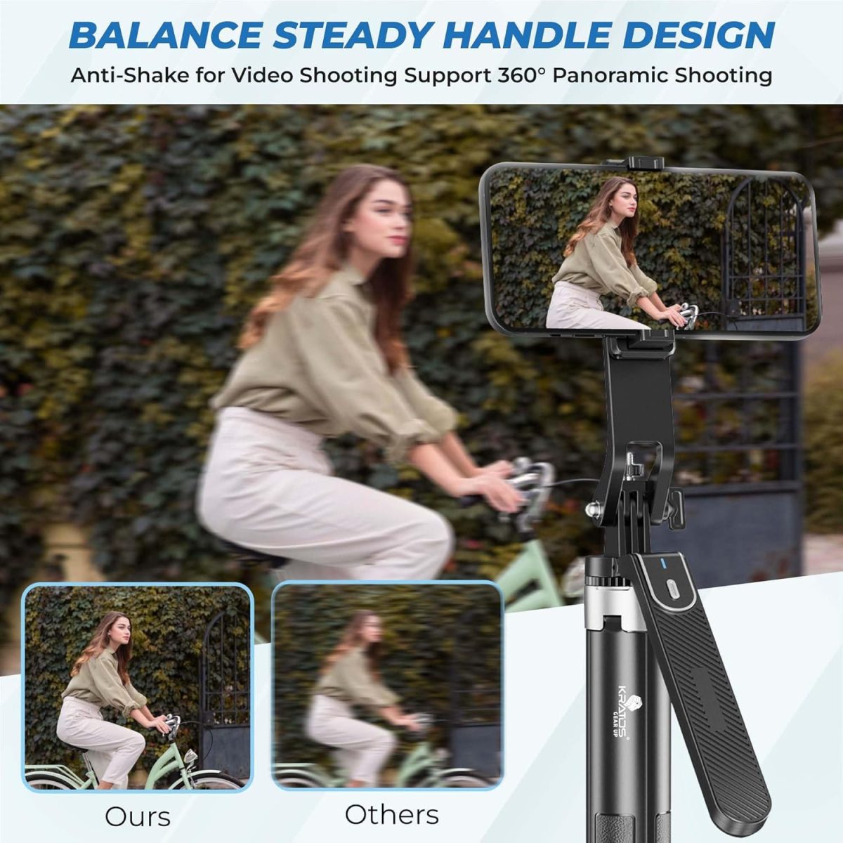 Kratos K5 Selfie Stick Tripod with Balance Handle, 64 inch & Stable 4 Leg Design,Recharable BT Remote, Long Tripod Stand for 360° Rotation Panoramic Shoot, Made for Phones,Ring Light, Gopro,Camera - Image 3