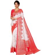 Yashika Women's Plain Temple Print Banarasi Kanjivaram Art Silk Saree Specially for Durga Puja with Unstitched Blouse Material (AZ-YS-P1-TEMPLE New_White)