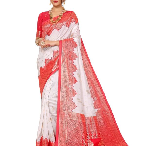 Yashika Women's Plain Temple Print Banarasi Kanjivaram Art Silk Saree Specially for Durga Puja with Unstitched Blouse Material (AZ-YS-P1-TEMPLE New_White)