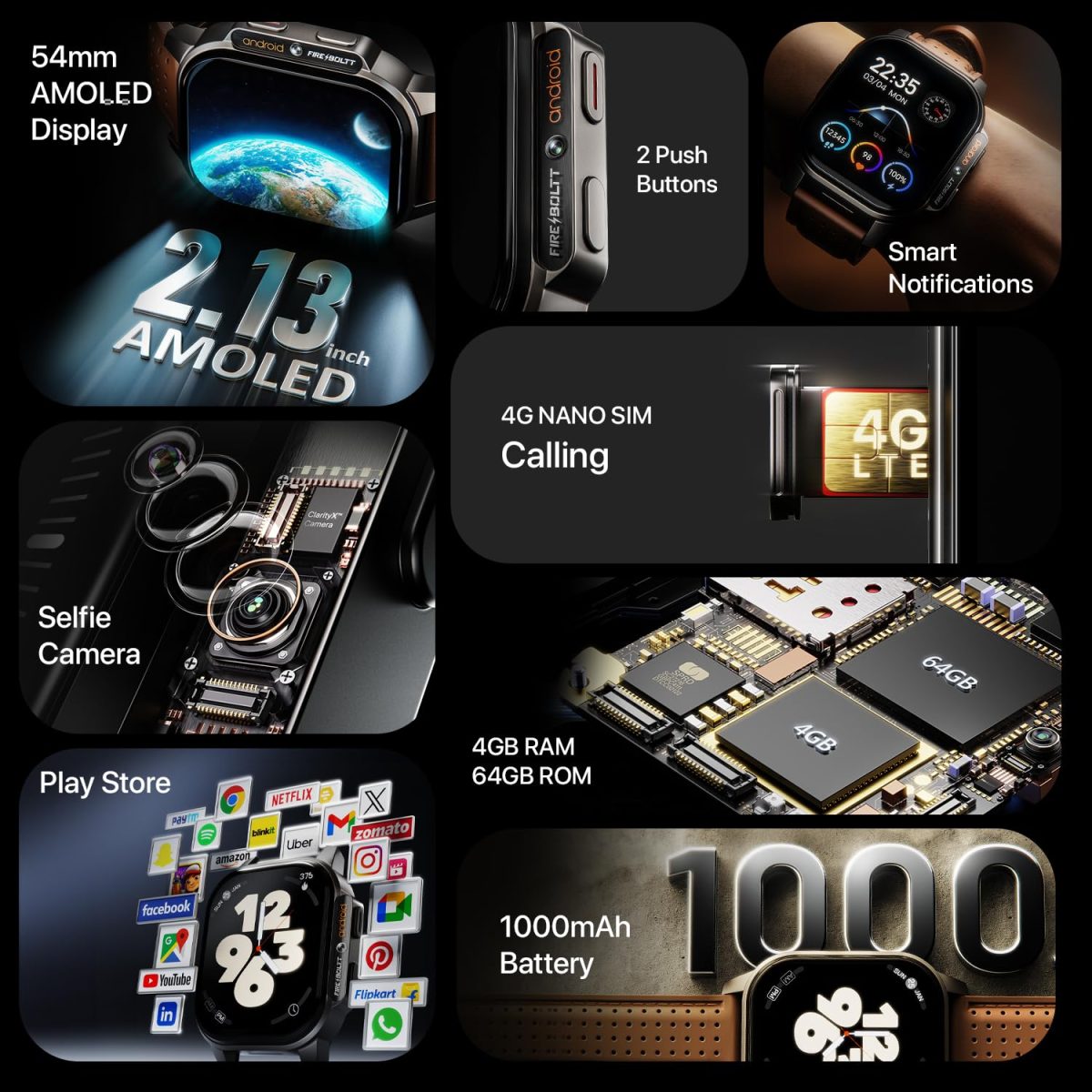 Fire-Boltt Snapp Smart Watch, Selfie Camera, 4G Nano-SIM Slot, 54.1mm AMOLED Display, Play Store- Unlimited apps, 1000mAh Battery, 2GB/4GB RAM + 16GB/64GB ROM (Archaic Black) - Image 3