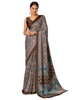 AKHILAM Women's Brown Digital Print Satin Crepe Saree With Unstitched Blouse Piece