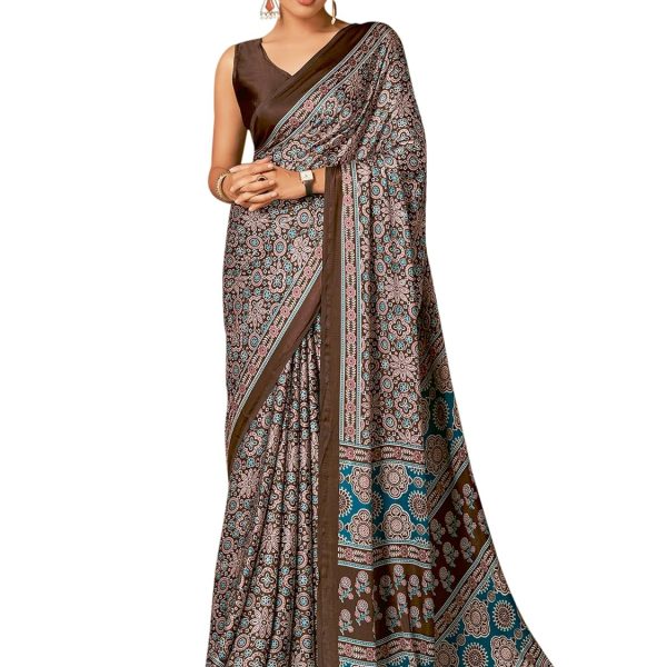 AKHILAM Women's Brown Digital Print Satin Crepe Saree With Unstitched Blouse Piece