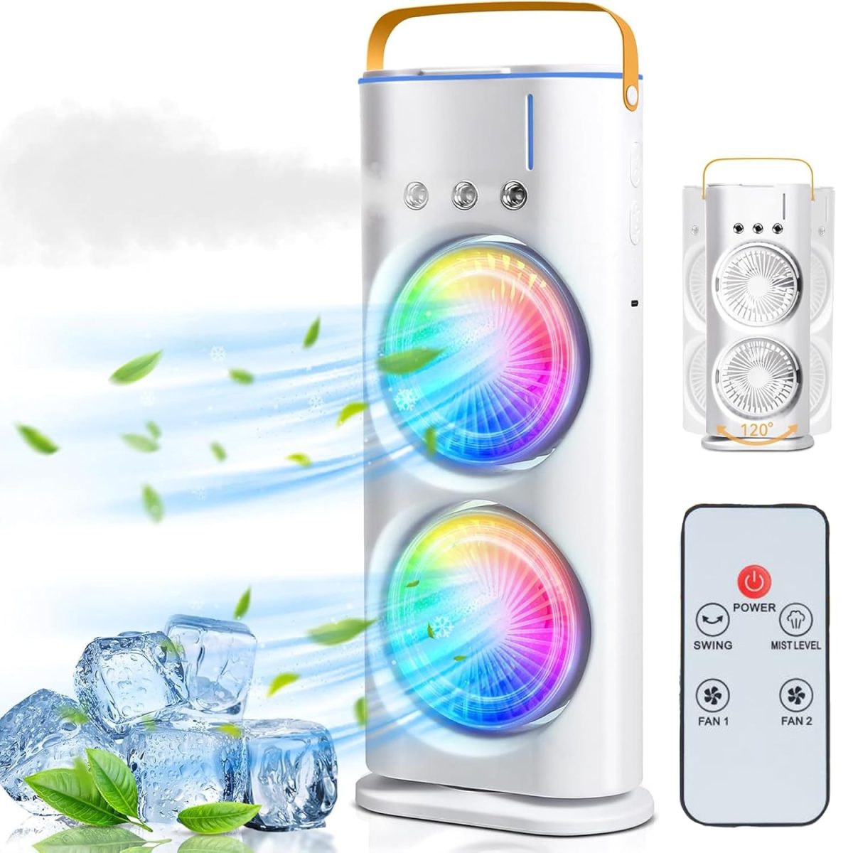 Zemic Portable Double Ended Spray Fan, Cold Air, 3 Gears USB Rechargeable Mini AC Air Cooler Misting Fans with LED Light Cooler, Touch & Remote Control, 280ml Water Tank, Ice Filling Fan (Multy)