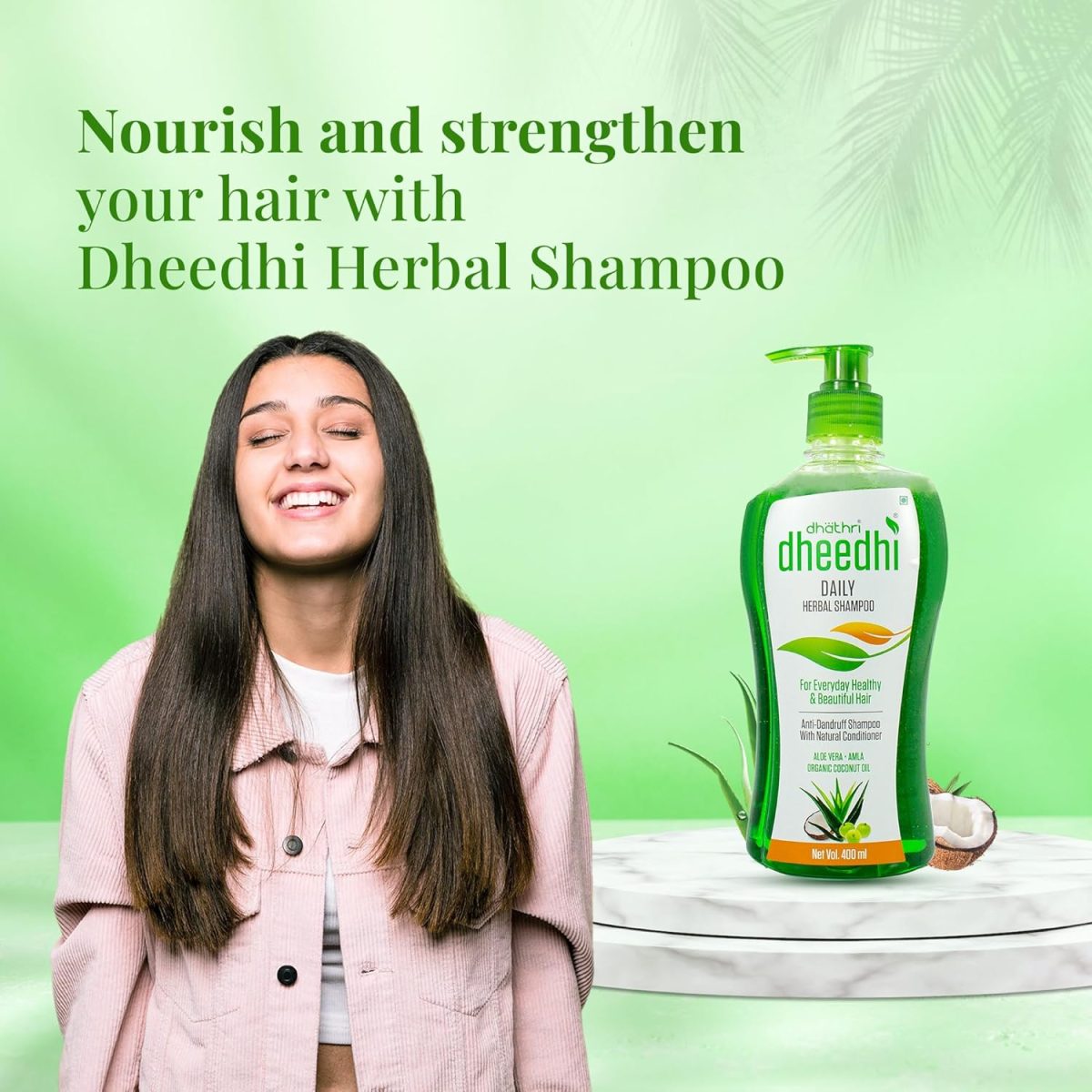 Dhathri Dheedhi Daily Herbal Shampoo to Reduce Dandruff & Promote Hair Growth, Ayurvedic Shampoo to Restore Hair Shine & Strength (400ml) - Image 2