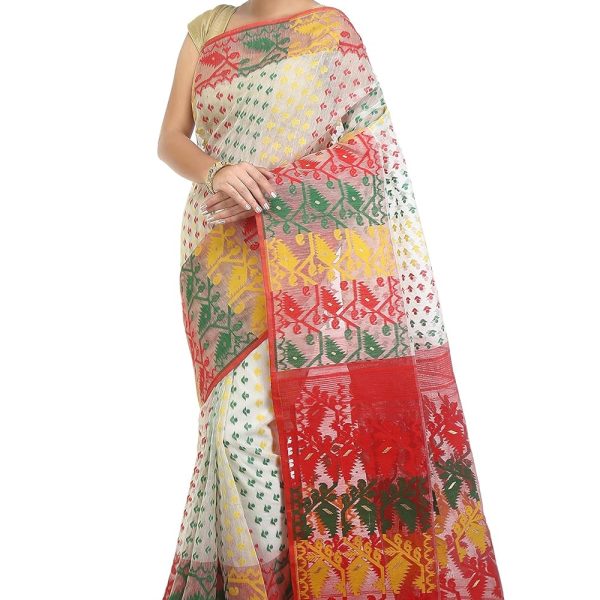 WoodenTant Women's Jamdani Cotton Blend Saree Without Blouse Piece (DJ151_Off-White)