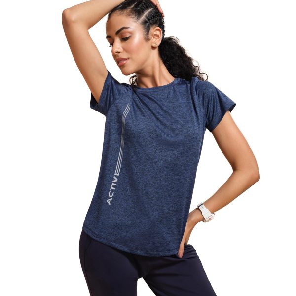 Enamor Women's Polyester Relaxed Fit A309 Quick Dry 4 Way Stretch Antimicrobial Crew Neck Short Sleeve Reflective Graphic Workout T-Shirt