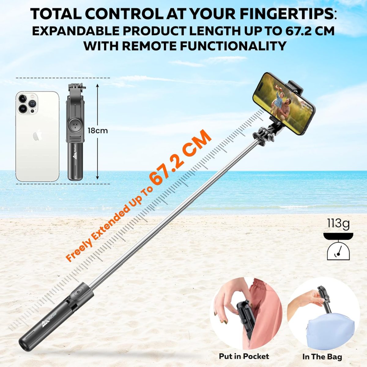 WeCool Bluetooth Extendable Selfie Sticks with Wireless Remote and Tripod Stand, 3-in-1 Multifunctional Selfie Stick with Tripod Stand Compatible with iPhone/OnePlus/Samsung/Oppo/Vivo and All Phones - Image 3