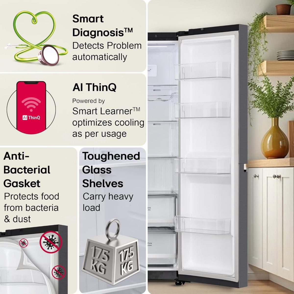 LG 630 L, 3 Star, Frost-Free, Double Door, Door Cooling+, Hygiene Fresh+, Smart Inverter, Wi-Fi Convertible Side By Side Refrigerator with AI ThinQ (GL-L257CMC3, Matt Black, Ice & Water Dispenser) - Image 3