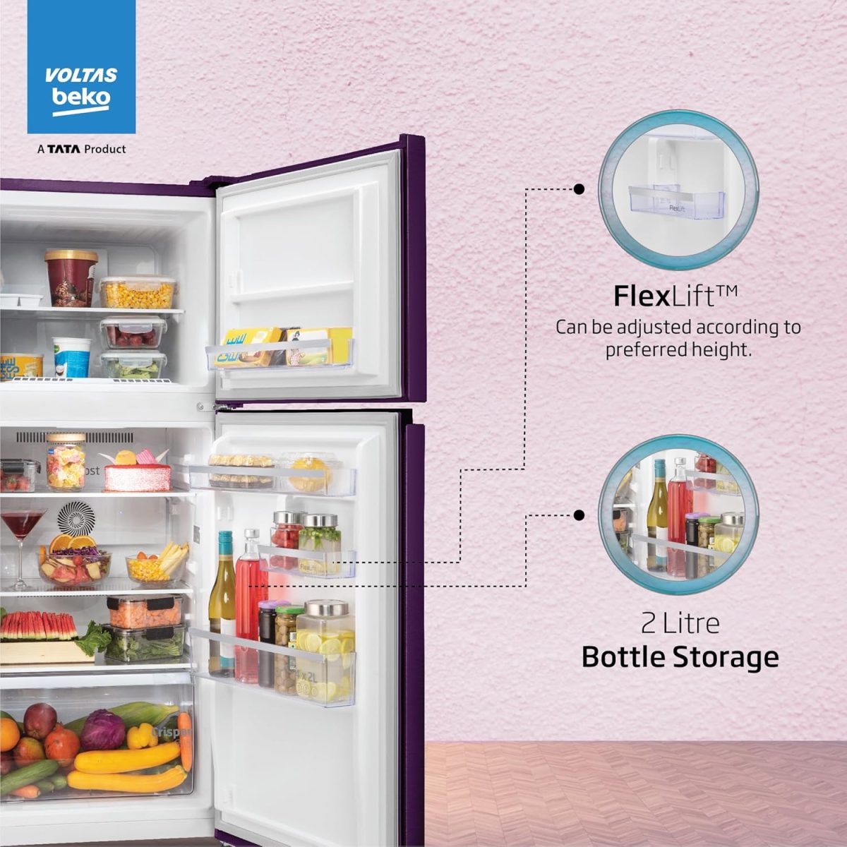 Voltas Beko ‘A TATA Product’ 228 L 2 star Frost free Refrigerator with two separate cooling system (RFF265D/W0NPR0I0000GO, Nightangel Purple) - Image 6