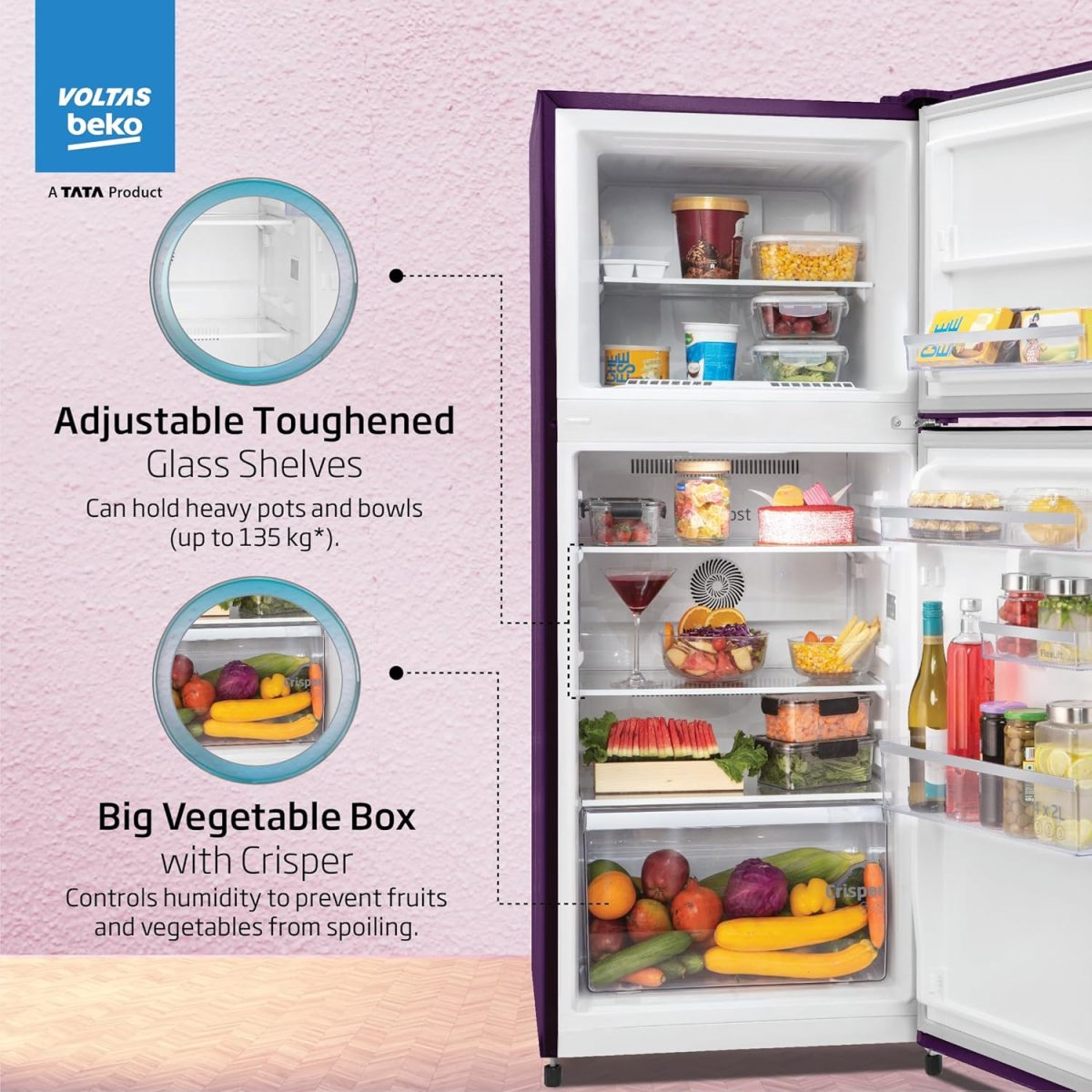 Voltas Beko ‘A TATA Product’ 228 L 2 star Frost free Refrigerator with two separate cooling system (RFF265D/W0NPR0I0000GO, Nightangel Purple) - Image 2