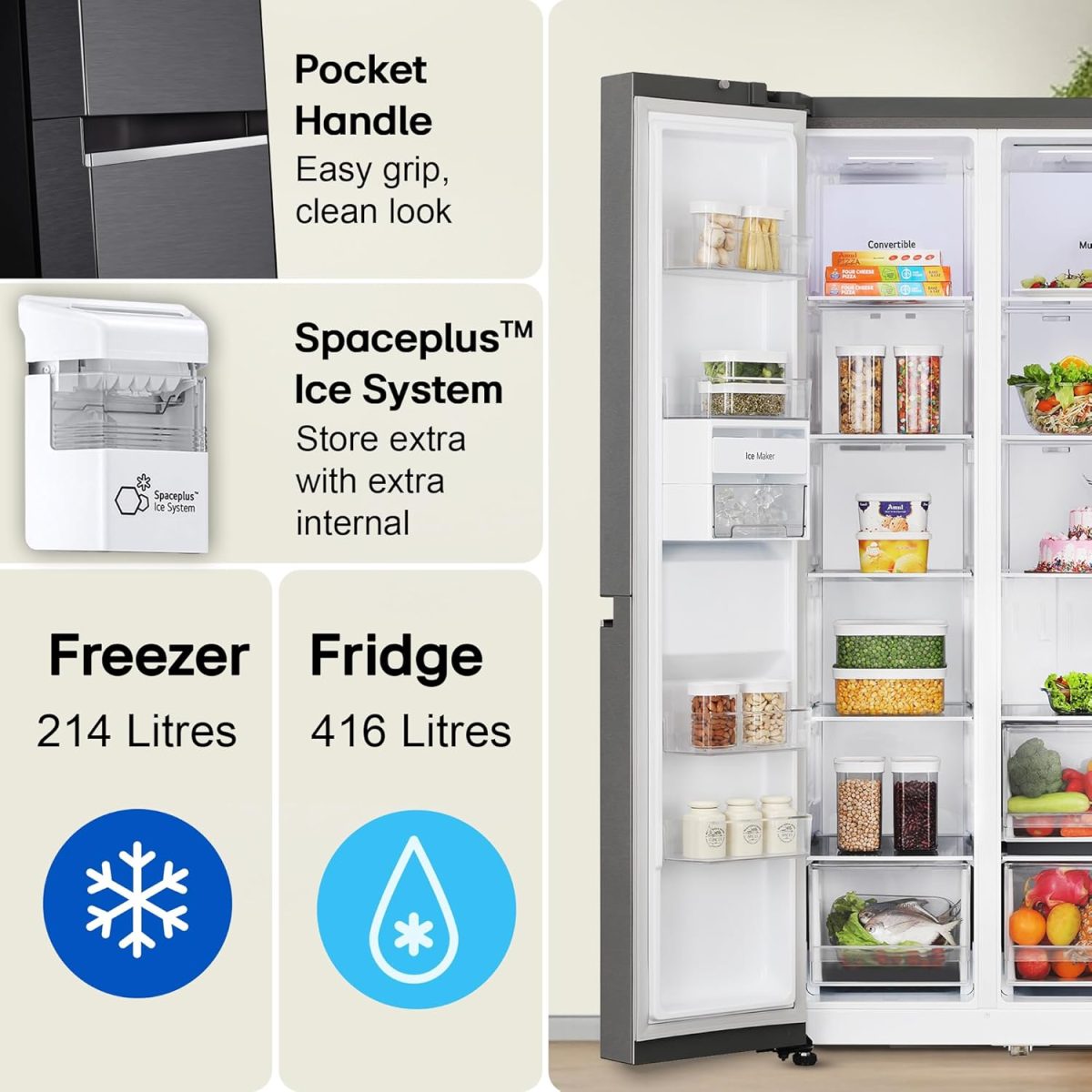 LG 630 L, 3 Star, Frost-Free, Double Door, Door Cooling+, Hygiene Fresh+, Smart Inverter, Wi-Fi Convertible Side By Side Refrigerator with AI ThinQ (GL-L257CMC3, Matt Black, Ice & Water Dispenser) - Image 5