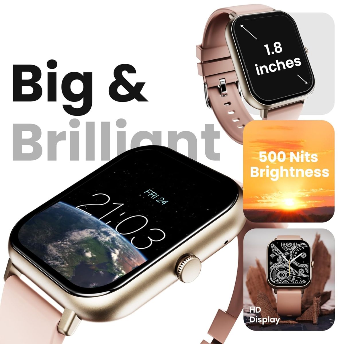 Boult Drift+ Smart Watch 1.85''HD Screen, Bluetooth Calling, IP68, 500 Nits Brightness,150+ Watchfaces, AI Voice Assistant, SpO2 Monitoring, 100+ Sports Mode Smartwatch (Peach Fuzz) - Image 4
