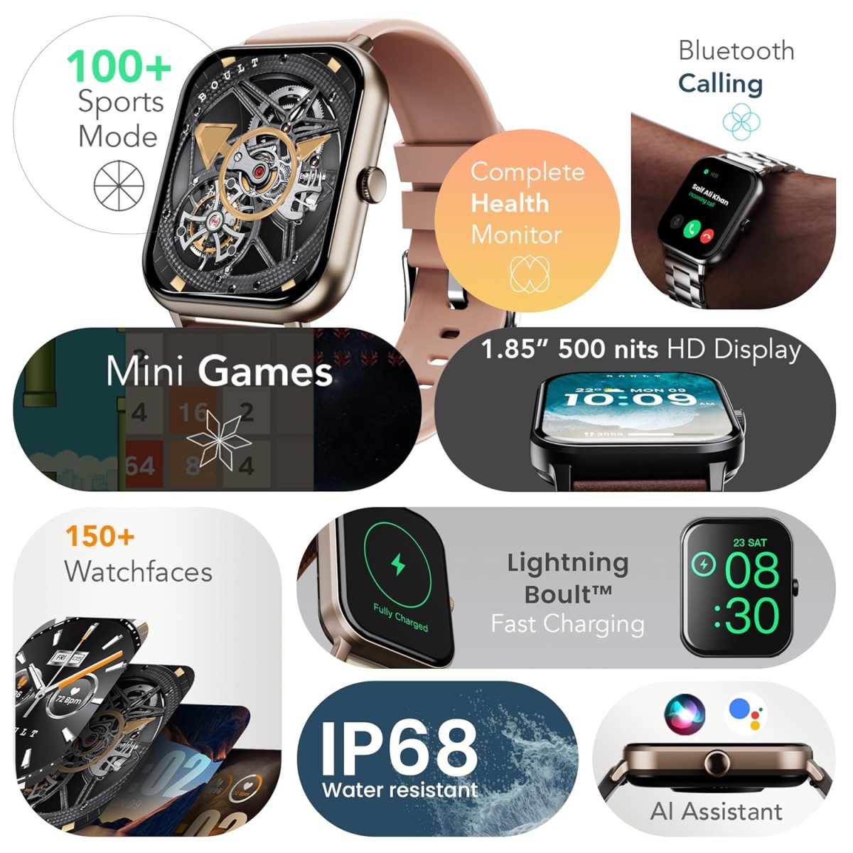 Boult Drift+ Smart Watch 1.85''HD Screen, Bluetooth Calling, IP68, 500 Nits Brightness,150+ Watchfaces, AI Voice Assistant, SpO2 Monitoring, 100+ Sports Mode Smartwatch (Peach Fuzz) - Image 2