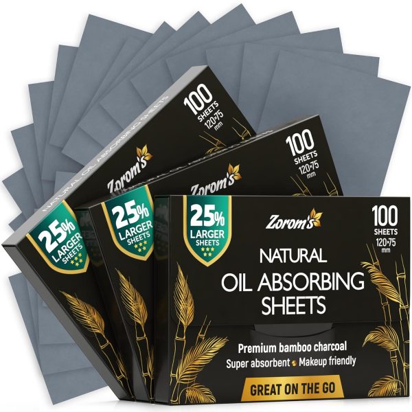 Natural Bamboo Charcoal Blotting Paper - 300 Super Large & Absorbent Sheets (120x75mm) - Make Up Friendly - Easy Take Out Design - Oily Skin Care (100 sheets/pack, 3 Pack)