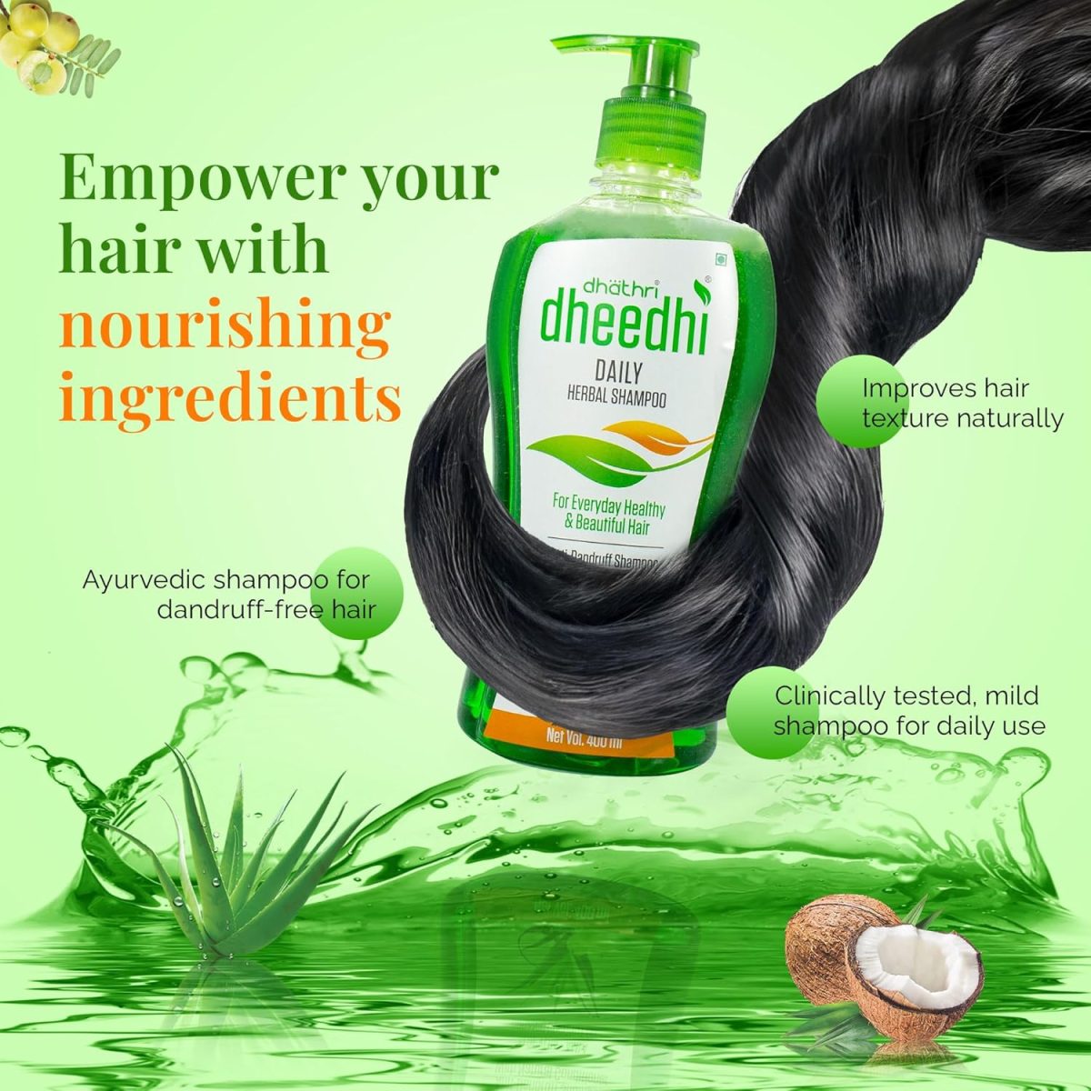 Dhathri Dheedhi Daily Herbal Shampoo to Reduce Dandruff & Promote Hair Growth, Ayurvedic Shampoo to Restore Hair Shine & Strength (400ml) - Image 3