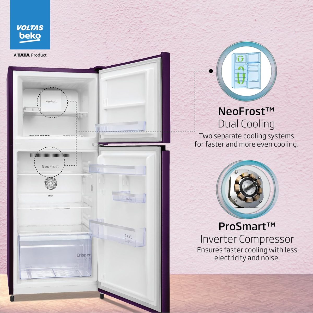 Voltas Beko ‘A TATA Product’ 228 L 2 star Frost free Refrigerator with two separate cooling system (RFF265D/W0NPR0I0000GO, Nightangel Purple) - Image 4