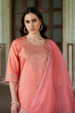 VredeVogel Women's Viscose Rayon Embroidered Kurta with Pant & Chanderi Silk Dupatta Set - Image 5