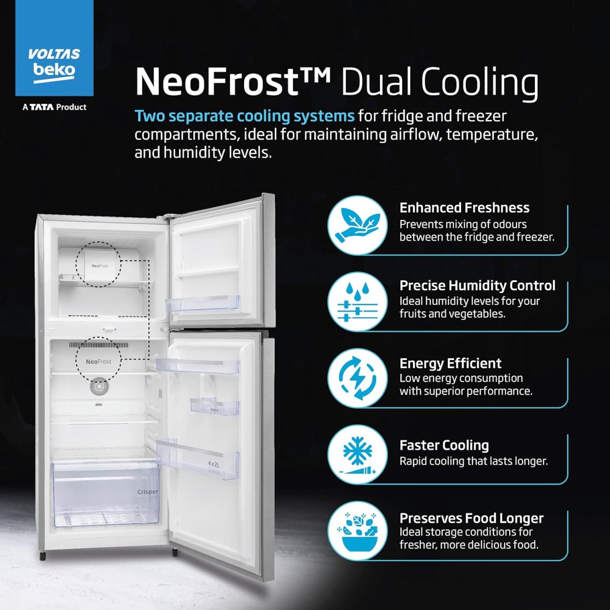 Voltas Beko ‘A TATA Product’ 228 L 2 star Frost free Refrigerator with two separate cooling system (RFF265D/W0NPR0I0000GO, Nightangel Purple) - Image 3