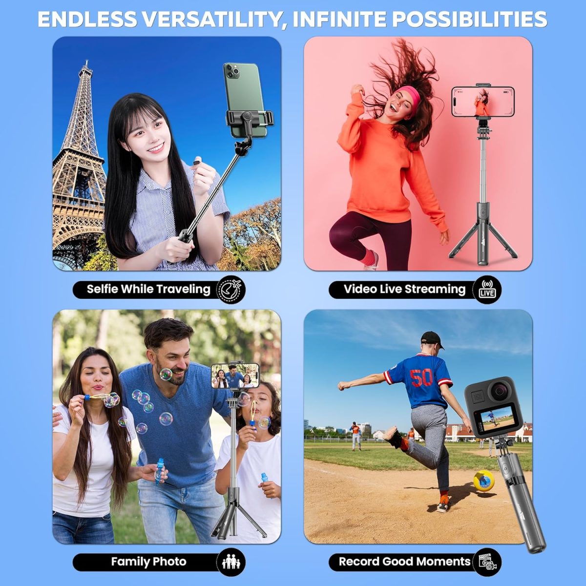 WeCool Bluetooth Extendable Selfie Sticks with Wireless Remote and Tripod Stand, 3-in-1 Multifunctional Selfie Stick with Tripod Stand Compatible with iPhone/OnePlus/Samsung/Oppo/Vivo and All Phones - Image 7