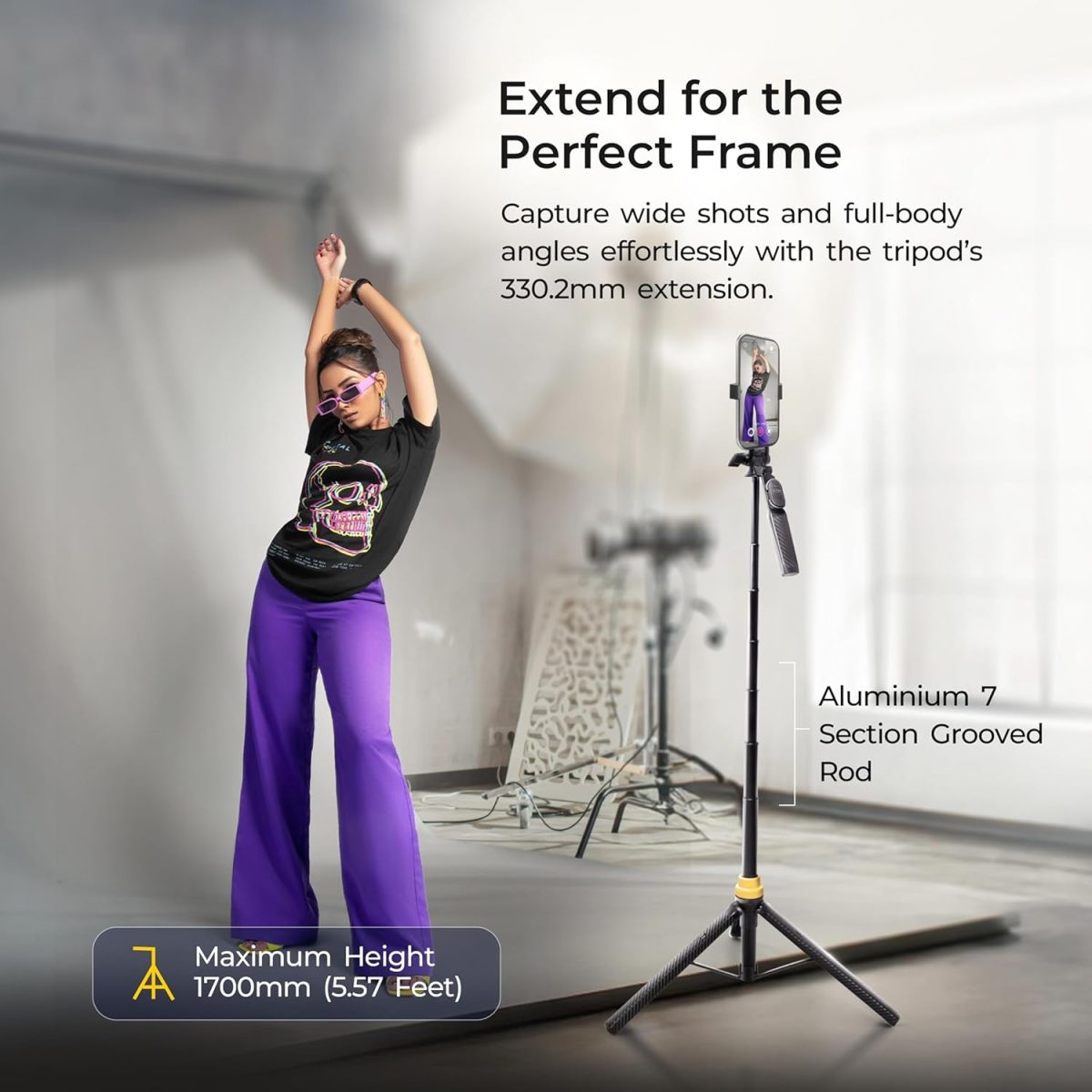 DIGITEK® (DTR-555 SS) 5.57ft Foldable Tripod Selfie Stick for Smartphones & Gopro Action Cameras, 360° Rotation, 3-Leg Base, 2Kg Load, 10m Wireless Remote, 7 Section Adjustable, for Selfie & Vloggers - Image 6