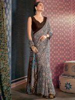 AKHILAM Women's Brown Digital Print Satin Crepe Saree With Unstitched Blouse Piece - Image 3