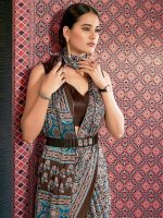 AKHILAM Women's Brown Digital Print Satin Crepe Saree With Unstitched Blouse Piece - Image 2