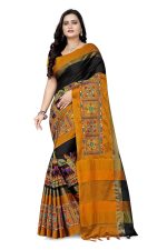 KAVINDI Women's Cotton Silk with Kutchi Embroidered Work Saree with Blouse