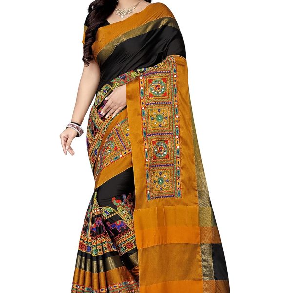 KAVINDI Women's Cotton Silk with Kutchi Embroidered Work Saree with Blouse