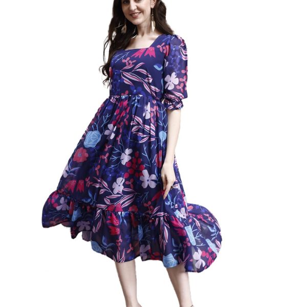 SMOWKLY Women's Georgette Floral Printed Western Dress for Women || Half Sleeve V Neck Fit & Flare Hem Design || A-Line Maxi Gown Casual Wear || Regular Wear